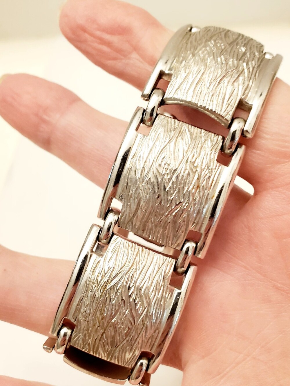 MONET Vintage Textured Silver Link Bracelet, Heavy Excellent Quality With Safety